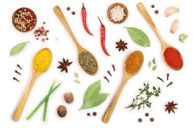 Beyaz arka planda izole edilmiş ahşap kaşıkta baharat karışımı. Üst Manzara. Düz yatıyordu. Ayarla ya da topla