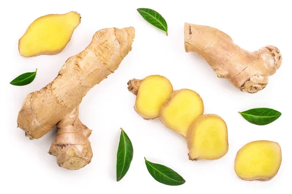 Frische Ingwerwurzel und Scheiben isoliert auf weißem Hintergrund. Ansicht von oben. Flache Lage — Stockfoto