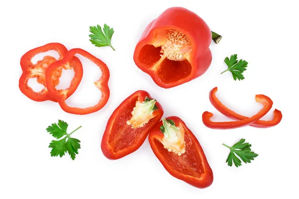 Rode zoete paprika geïsoleerd op een witte achtergrond. Bovenaanzicht. Plat leggen — Stockfoto