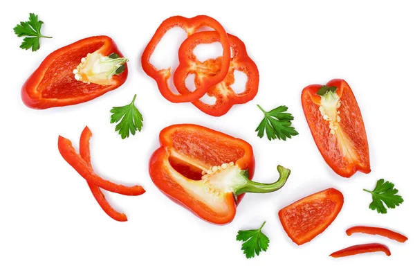 Rode zoete paprika geïsoleerd op een witte achtergrond met kopie ruimte voor uw tekst. Bovenaanzicht. Plat leggen — Stockfoto