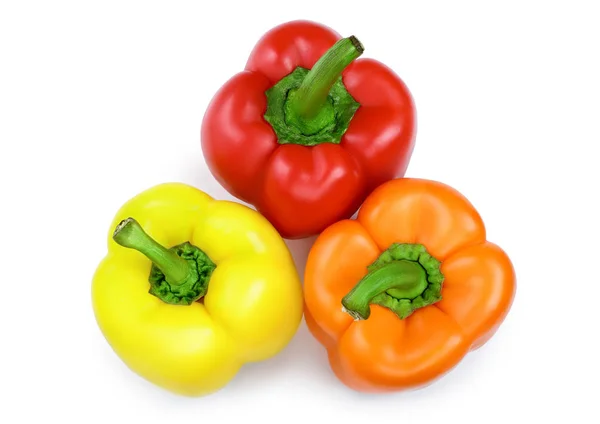 Yellow orange and red sweet bell pepper isolated on white background. Top view. Flat lay — Stock Photo, Image