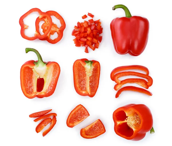 Red sweet bell pepper isolated on white background. Top view. Flat lay. Set or collection — Stock Photo, Image