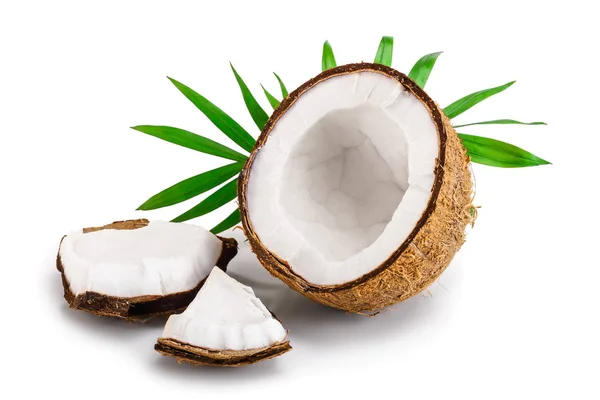 Hälfte der Kokosnuss mit isolierten Blättern auf weißem Hintergrund — Stockfoto