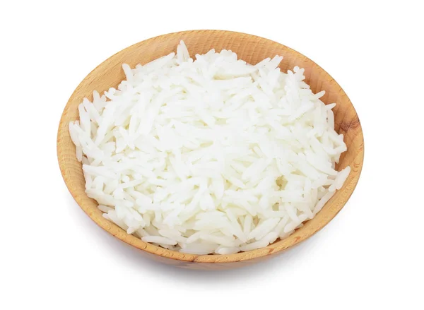 Rijst in een houten kom geïsoleerd op witte achtergrond. Bovenaanzicht. Vlakke plaat — Stockfoto