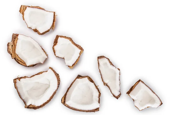 Pezzo di cocco isolato su sfondo bianco con spazio di copia per il testo. Vista dall'alto. Posa piatta — Foto Stock