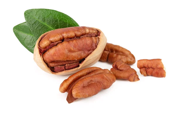 Pecan nut with green leaves isolated on white background — Stock Photo, Image