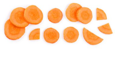 Havuç dilim izole kopya alanı metniniz için beyaz zemin üzerine. Üstten Görünüm. Düz yatıyordu