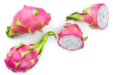 Dragon meyve, Pitaya ya da kopya alanı metniniz için beyaz zemin üzerine izole Pitahaya. Üstten görünüm. Düz yatıyordu
