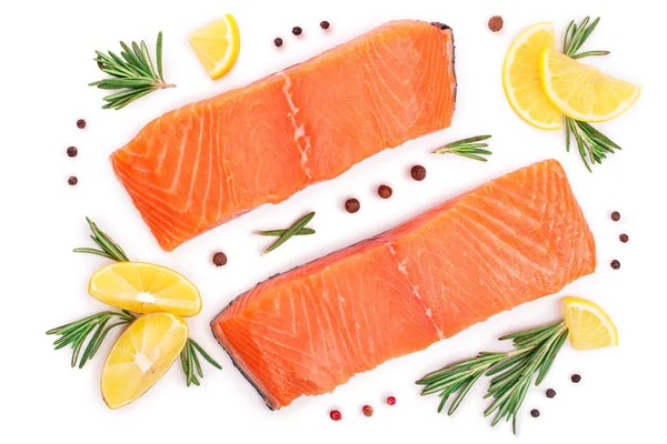 Fillet of red fish salmon with lemon and rosemary isolated on white background. Top view. Flat lay — Stock Photo, Image