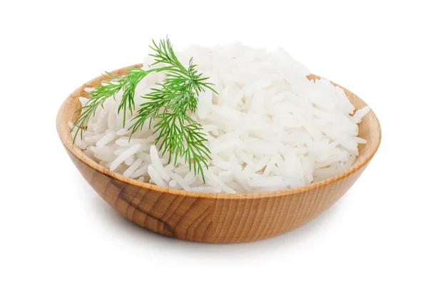 Arroz en un tazón de madera aislado sobre fondo blanco. Vista superior. Puesta plana — Foto de Stock