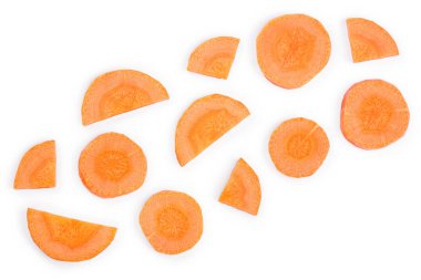 Havuç dilim izole kopya alanı metniniz için beyaz zemin üzerine. Üstten Görünüm. Düz yatıyordu