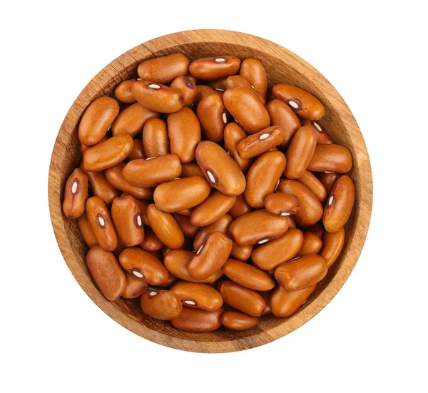 Brown kidney bean in wooden bowl isolated on white background. Top view. Flat lay — Stock Photo, Image