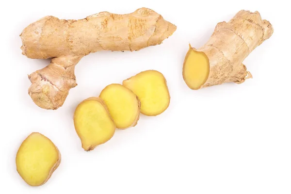Fresh Ginger root and slice isolated on white background with copy space for your text. Top view. Flat lay — Stock Photo, Image
