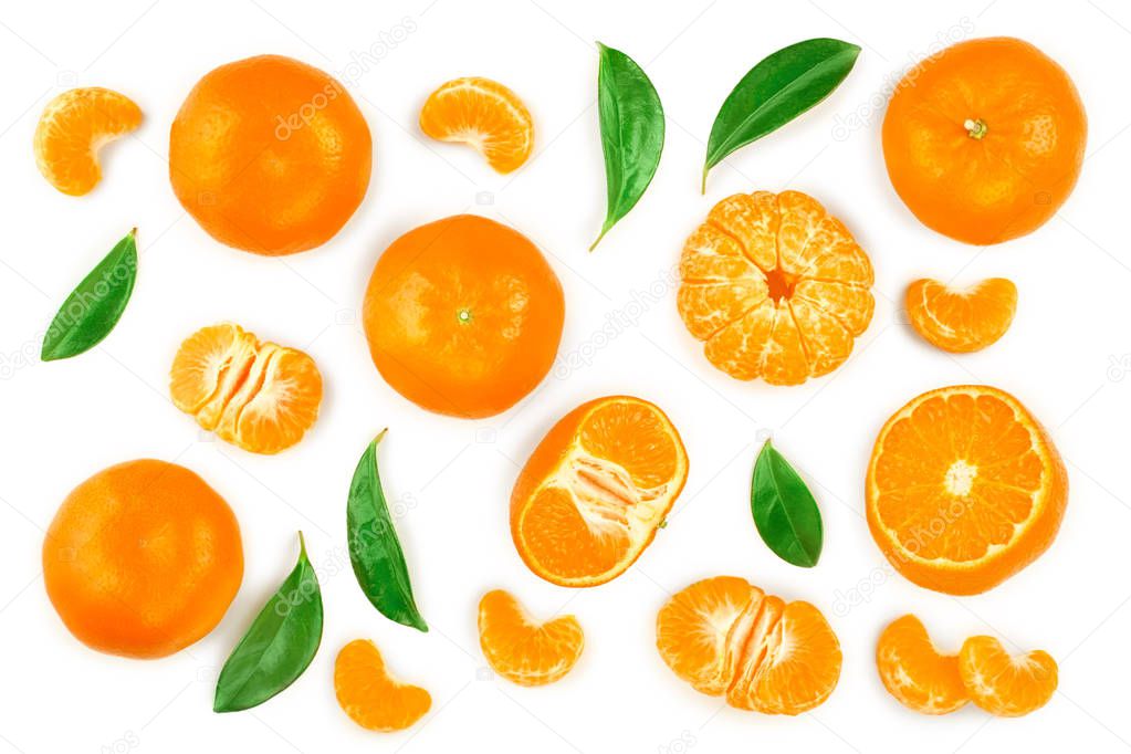tangerine or mandarin with leaves isolated on white background. Top view. Flat lay