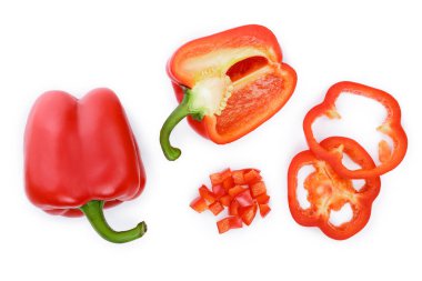 kırmızı tatlı dolmalık biber beyaz arka plan üzerinde izole. Üstten görünüm. Düz yatıyordu