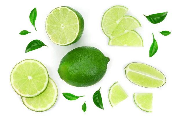 Sliced lime with leaves isolated on white background. Top view. Flat lay pattern — Stock Photo, Image
