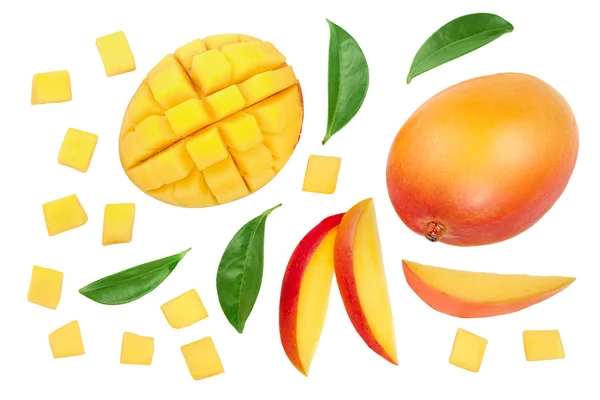 Φρούτα μάνγκο μισό με φέτες απομονώνονται σε λευκό φόντο. Σύνολο ή συλλογή. Το top view. Επίπεδη θέσει — Φωτογραφία Αρχείου