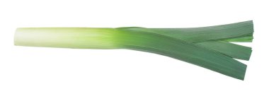 Beyaz arka planda izole pırasa sebze kapatmak. Üst görünüm. Düz yatma