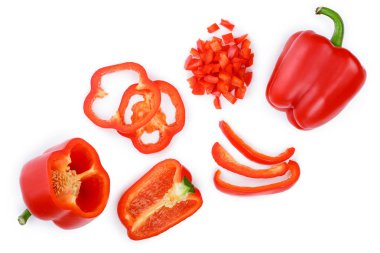 kırmızı tatlı dolmalık biber beyaz arka plan üzerinde izole. Üstten görünüm. Düz yatıyordu