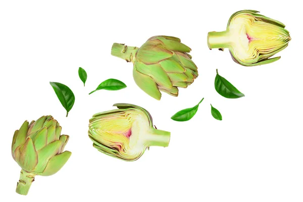 Fresh Artichokes and half isolated on white background with copy space for your text. Top view. Flat lay, — Stock Photo, Image