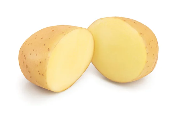 Młoda połowa ziemniaków wyizolowana na białym tle. Zbierz nowe — Zdjęcie stockowe