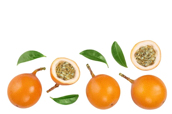 Granadilla or yellow passion fruit with leaf isolated on white background with copy space for your text. Top view. Flat lay — Stock Photo, Image