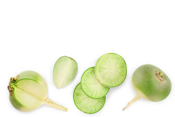 Green radish with slices isolated on white background with copy space for your text. Top view. Flat lay — Stock Photo, Image