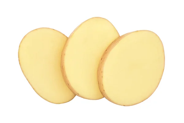 Νεαρή φέτα πατάτας απομονωμένη σε λευκό φόντο. Καινούρια σοδειά. Στο πάνω μέρος. Επίπεδη — Φωτογραφία Αρχείου