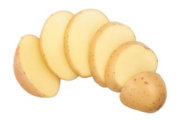 Genç patates, beyaz arka planda izole edilmiş. Yeni hasat. Üst Manzara. Düz yatıyordu