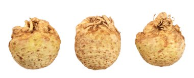 Taze kereviz kökü beyaz arka plan izole. Üst te. Düz döşeme, Set veya toplama