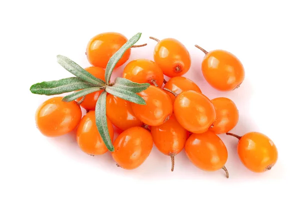 Sea buckthorn. Fresh ripe berry with leaves isolated on white background. Top view. Flat lay pattern — Stock Photo, Image