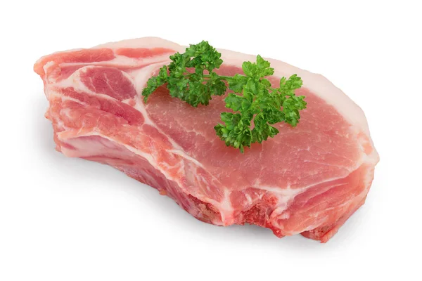 Sliced raw pork meat with parsley isolated on white background — Stock Photo, Image