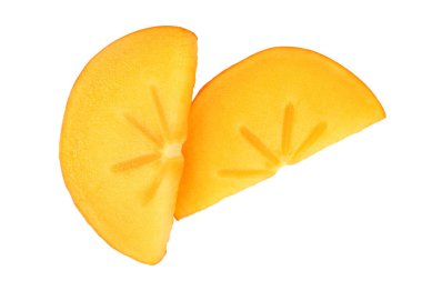 Beyaz arka plan yakın çekim izole Persimmon meyve dilim, Üst görünüm. Düz yatıyordu