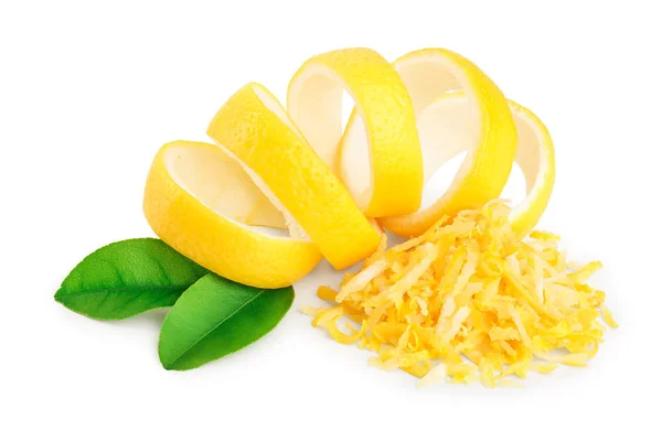 Lemon peel and zest with leaf isolated on white background. Healthy food — Stock Photo, Image