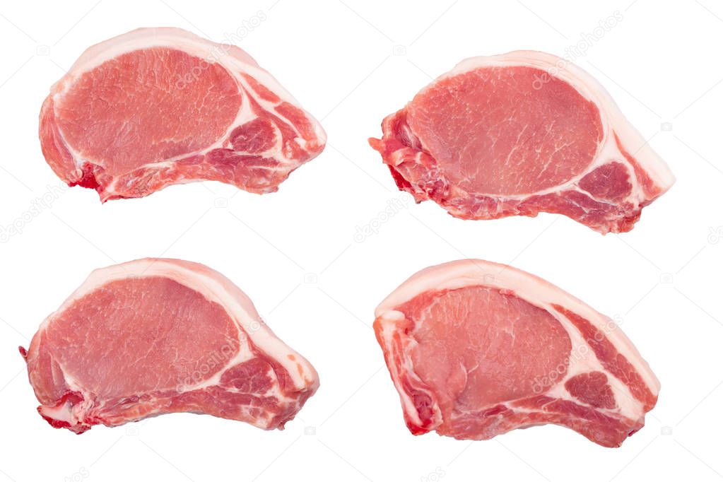 sliced raw pork meat isolated on white background. Set or collection. Top view. Flat lay