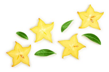 Carambola veya kopya alanı metniniz için beyaz zemin üzerine izole star-meyve dilim. Üstten Görünüm. Düz yatıyordu