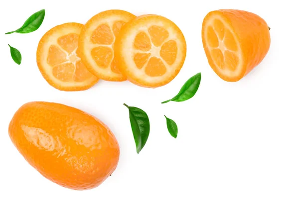흰색 배경에 고립 된 슬이있는 cumquat 또는 kumquat. 맨 위 보기. 플랫 레이 — 스톡 사진
