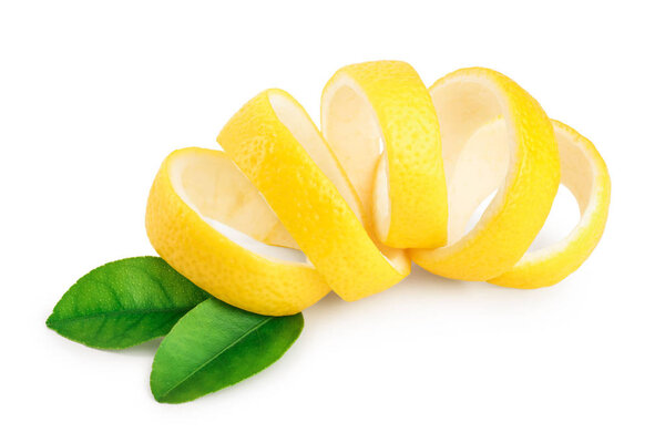 Lemon peel with leaf isolated on white background. Healthy food