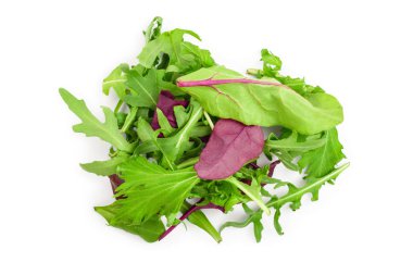 Beyaz arka plan üzerinde izole farklı salata karışımı. Üst te. Düz yatıyordu