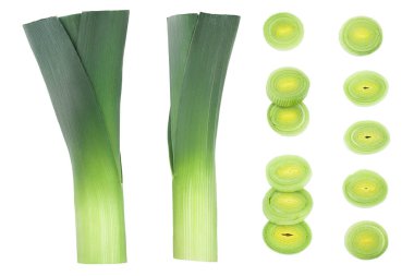 Pırasa sebze closeup beyaz arka plan üzerinde izole. Üst te. Ayarlama veya toplama