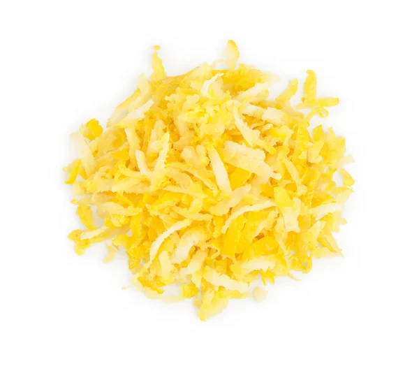Cáscara de limón o ralladura aislada sobre fondo blanco. Comida saludable. Vista superior. Puesta plana —  Fotos de Stock