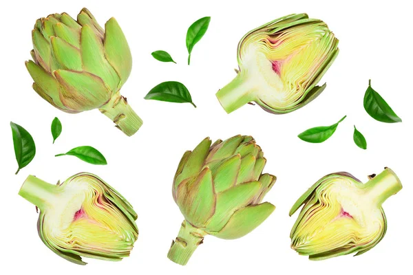 Fresh Artichokes isolated on white background closeup. Top view. Flat lay — Stock Photo, Image