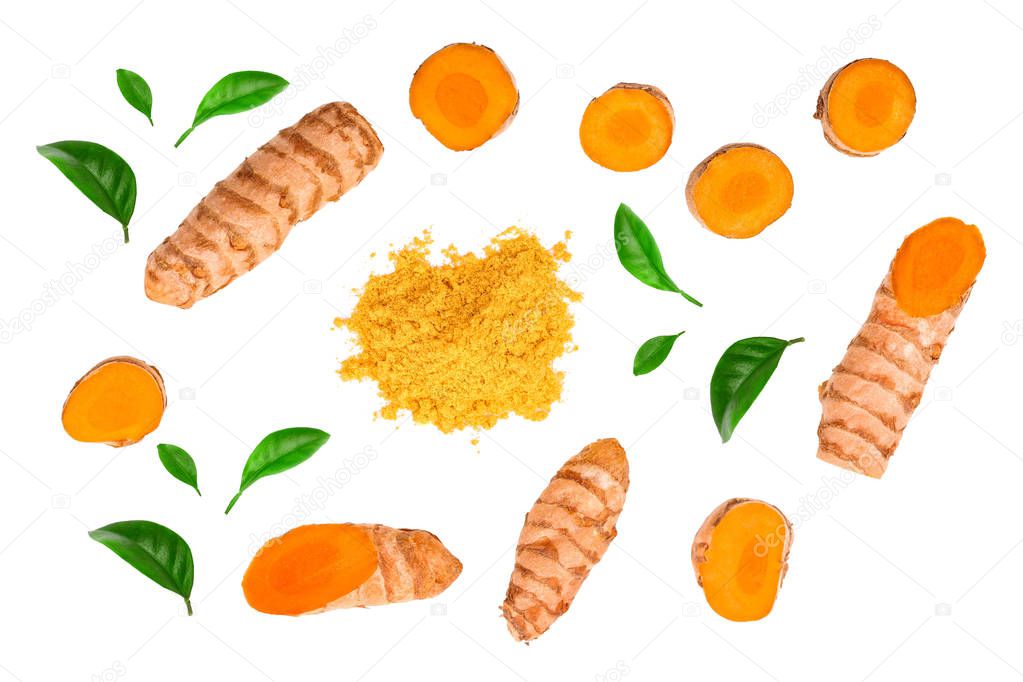 Turmeric powder and turmeric root isolated on white background. Top view. Flat lay