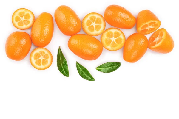 Cumquat or kumquat with half isolated on white background with copy space for your text. Top view. Flat lay — Stock Photo, Image