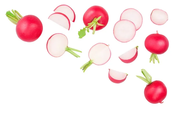 Fresh whole and sliced radishes isolated on white background with copy space for your text. Top view — Stock Photo, Image