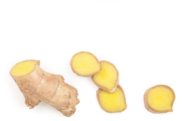 Fresh Ginger root and slice isolated on white background with copy space for your text. Top view. Flat lay — Stock Photo, Image