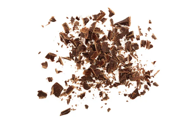 Τριμμένη σοκολάτα απομονωμένη σε λευκό φόντο. Άνω όψη — Φωτογραφία Αρχείου
