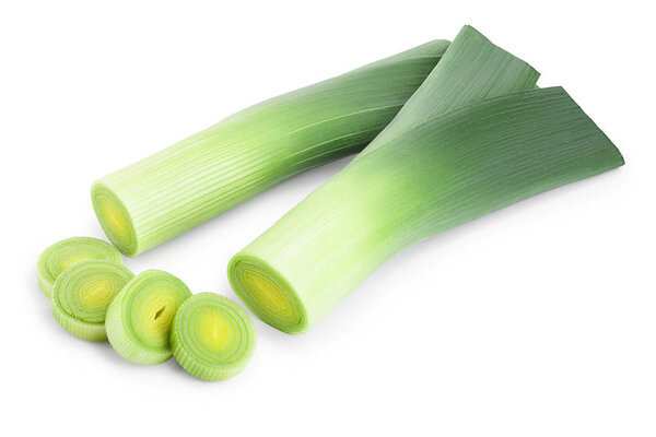 Leek vegetable with slices isolated on white background