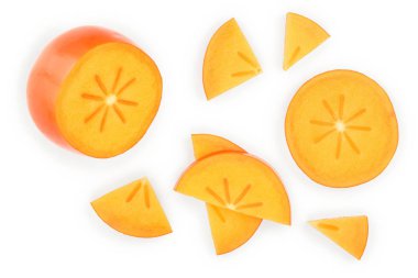 Beyaz arka plan üzerinde izole Trabzon hurması meyve. Üstten görünüm. Düz yatıyordu desen. Küme veya koleksiyonu