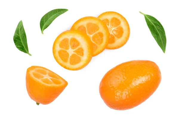 Cumquat or kumquat with slies isolated on white background. Top view. Flat lay — Stock Photo, Image